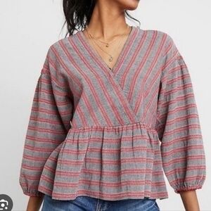 Madewell Striped Bubble Sleeve Peplum Top Gray/Red, Sz. L.